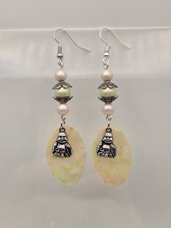 Erins Lovely Creations Jewelry - Unbranded Green Pearl Buddha Drop Earrings with Pale Pink Accents
